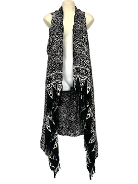 Batik Boho Fringe Longline Vest Duster Black White One Size Festival Bohemian